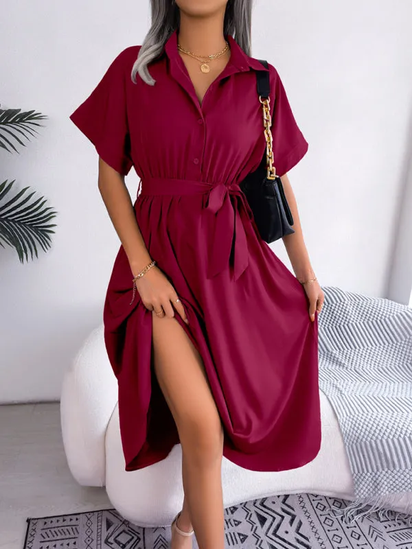 Button-Down Shirt Dress with Waist Tie and Collared Neckline