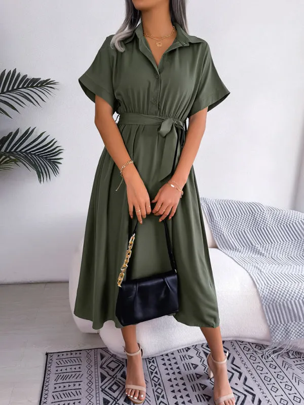 Button-Down Shirt Dress with Waist Tie and Collared Neckline