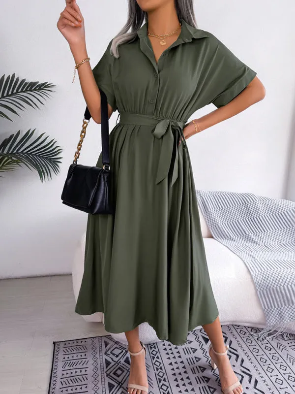 Button-Down Shirt Dress with Waist Tie and Collared Neckline