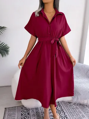 Button-Down Shirt Dress with Waist Tie and Collared Neckline