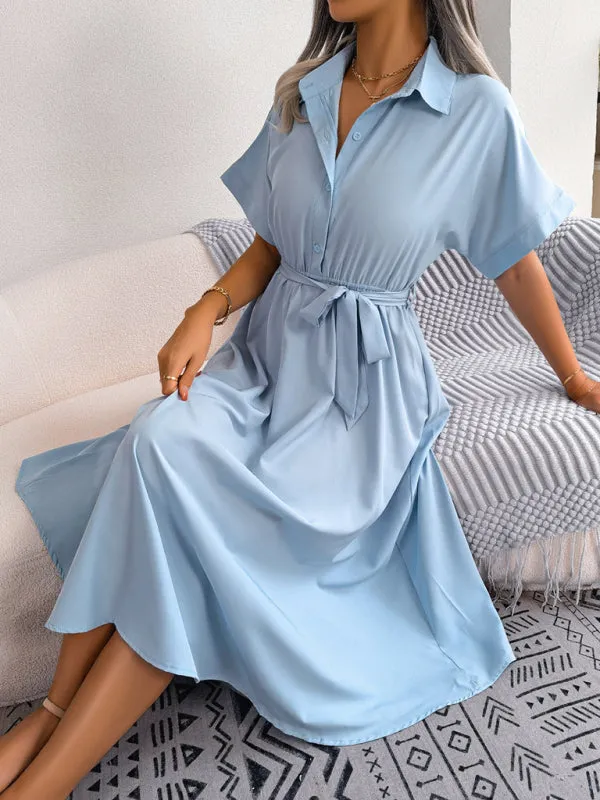 Button-Down Shirt Dress with Waist Tie and Collared Neckline