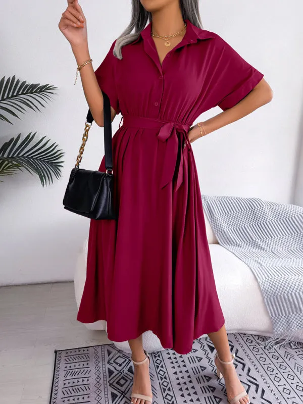 Button-Down Shirt Dress with Waist Tie and Collared Neckline