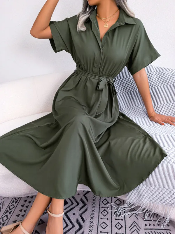 Button-Down Shirt Dress with Waist Tie and Collared Neckline