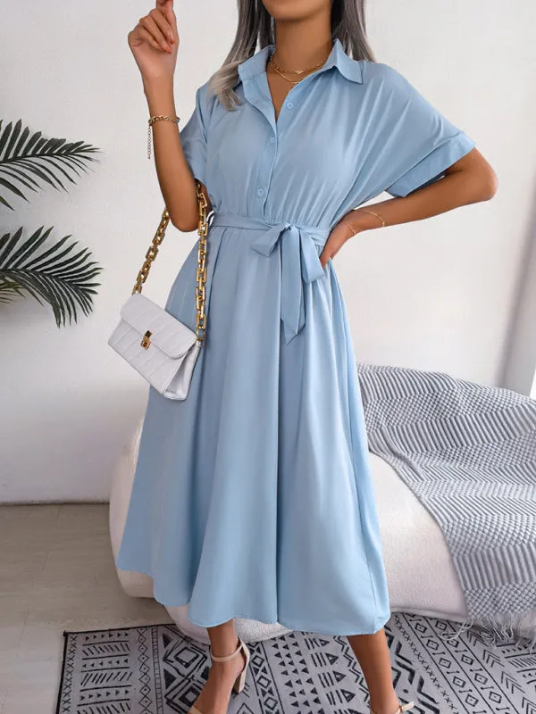 Button-Down Shirt Dress with Waist Tie and Collared Neckline