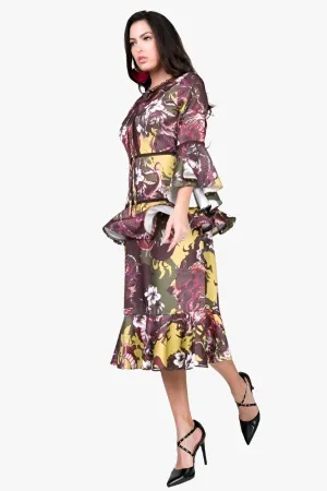 Cascade Ruffle Sleeve Frill Tiered Bottom Print Midi Dress