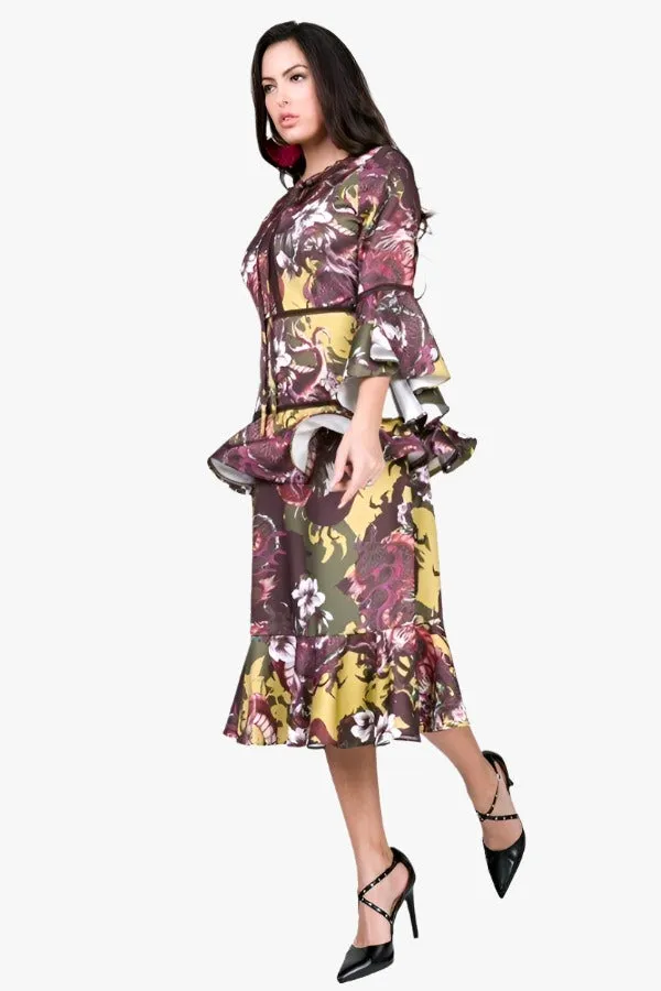 Cascade Ruffle Sleeve Frill Tiered Bottom Print Midi Dress