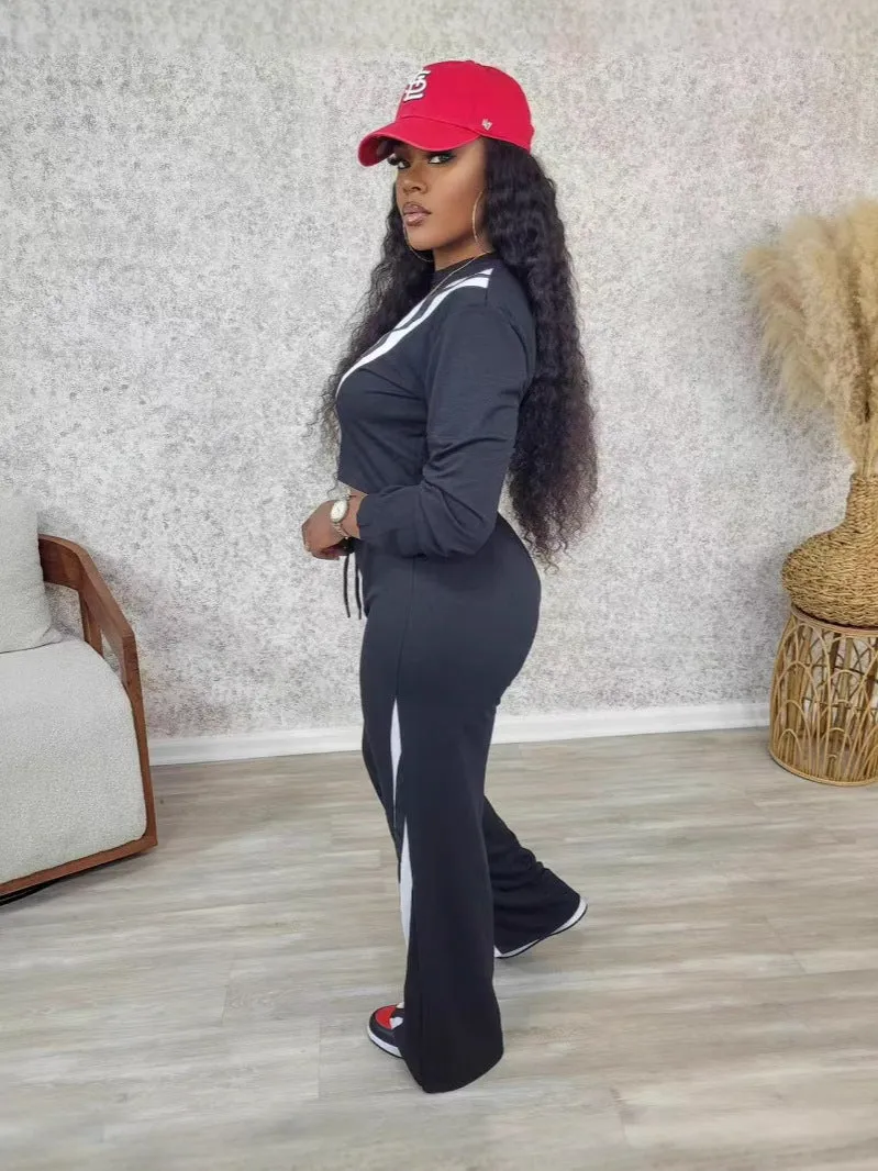 Casual Two-Piece Set with Patchwork Cropped Top and Wide-Leg Pants