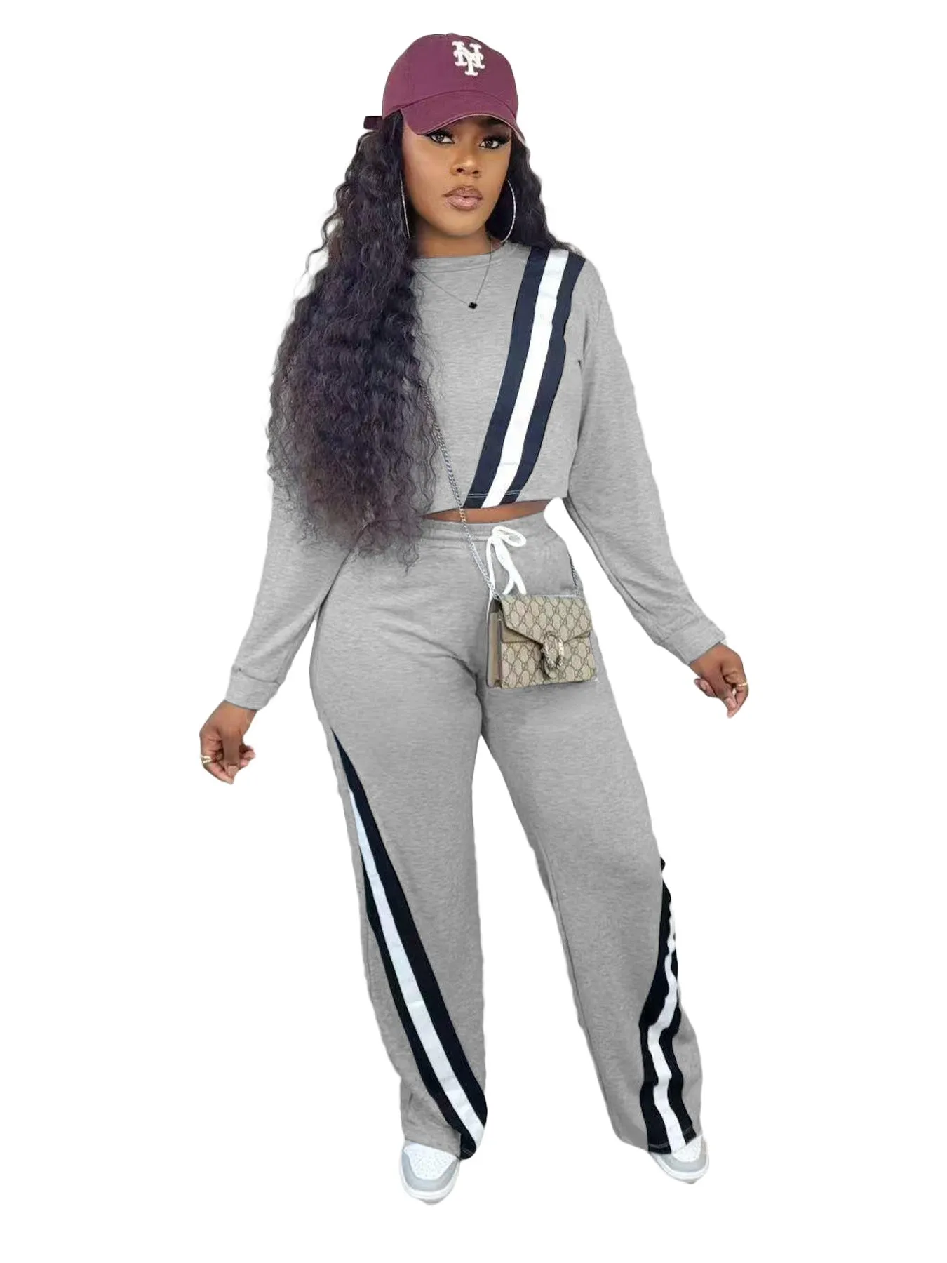 Casual Two-Piece Set with Patchwork Cropped Top and Wide-Leg Pants
