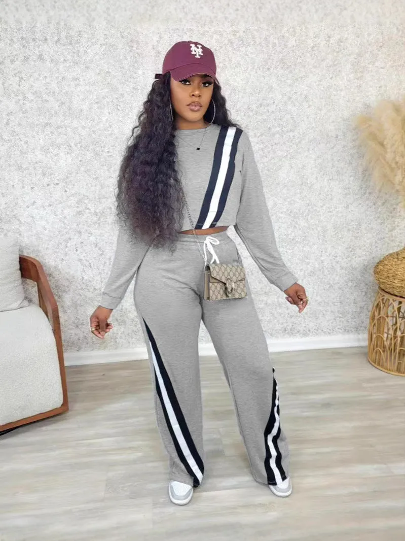 Casual Two-Piece Set with Patchwork Cropped Top and Wide-Leg Pants