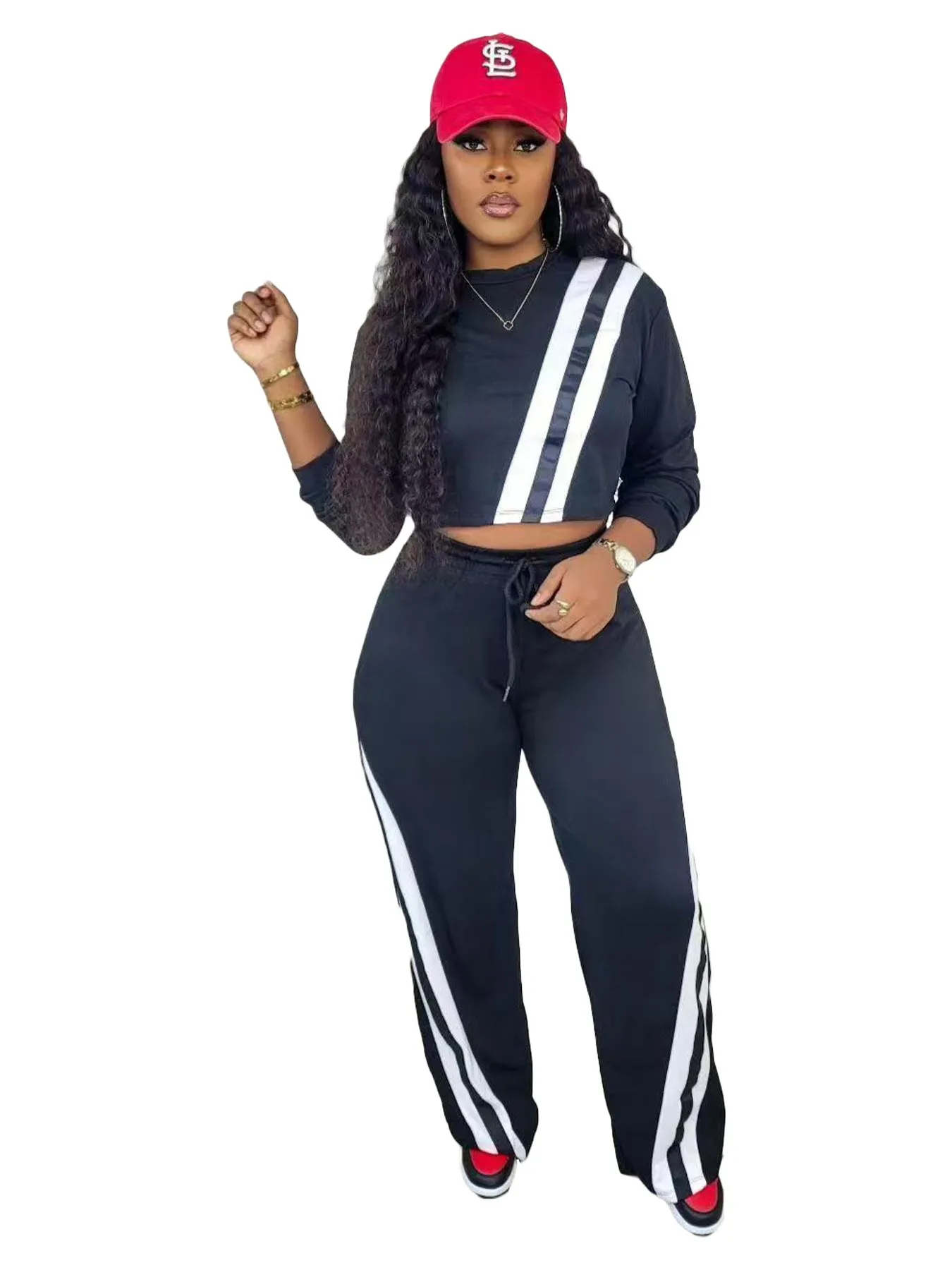 Casual Two-Piece Set with Patchwork Cropped Top and Wide-Leg Pants