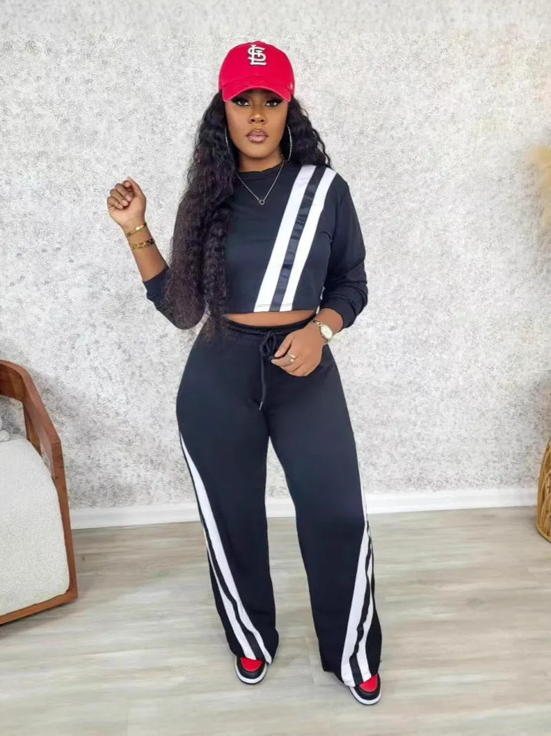 Casual Two-Piece Set with Patchwork Cropped Top and Wide-Leg Pants