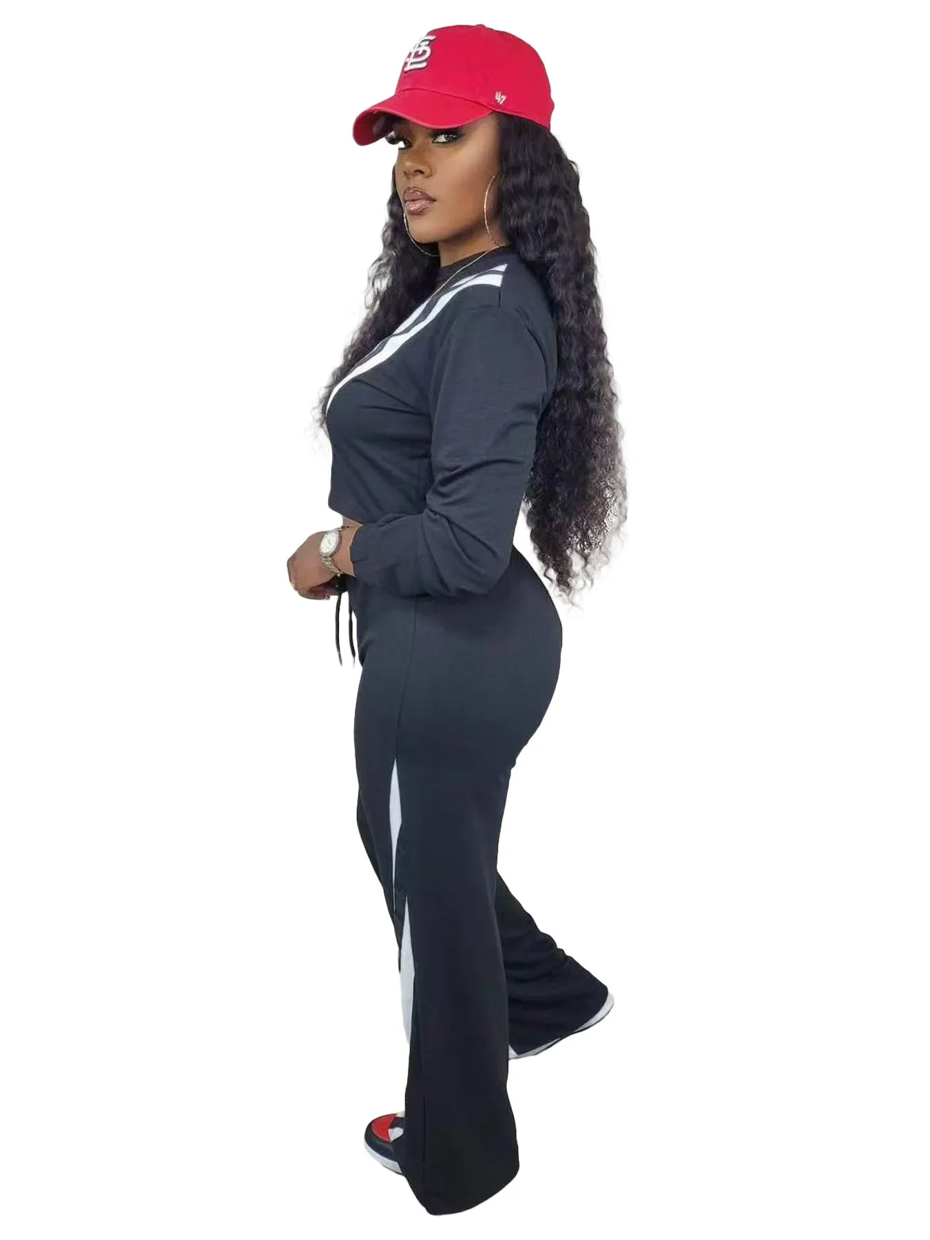 Casual Two-Piece Set with Patchwork Cropped Top and Wide-Leg Pants