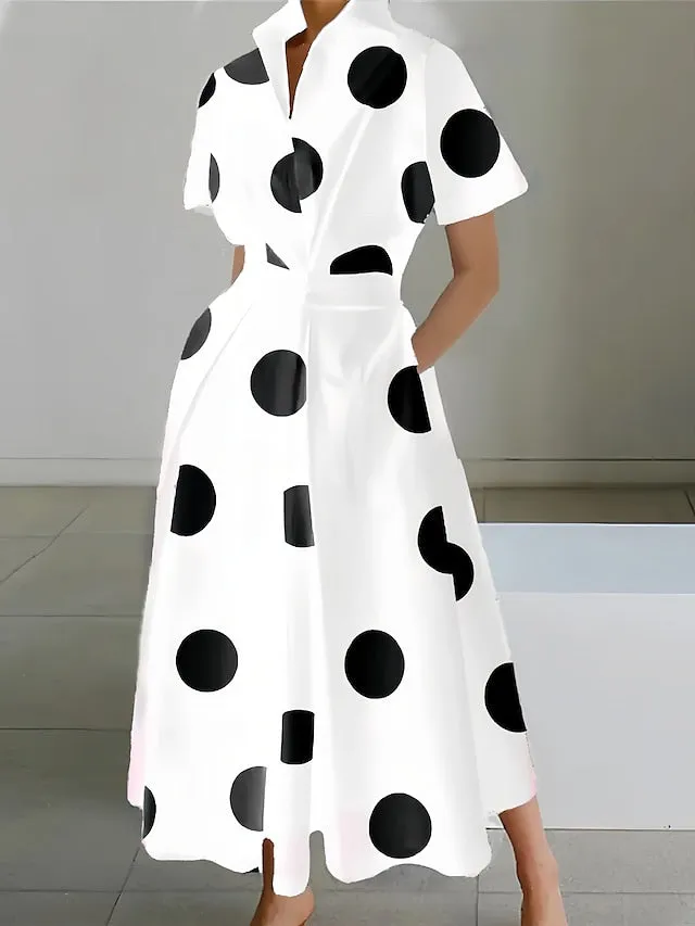 CityHottie - Women's Shirt Dress Casual Dress Maxi long Dress Outdoor Daily Vacation Polyester Fashion Elegant Shirt Collar Button Pocket Short Sleeve Summer Spring 2024 Loose Fit Black And White Black White