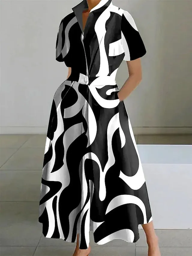 CityHottie - Women's Shirt Dress Casual Dress Maxi long Dress Outdoor Daily Vacation Polyester Fashion Elegant Shirt Collar Button Pocket Short Sleeve Summer Spring 2024 Loose Fit Black And White Black White