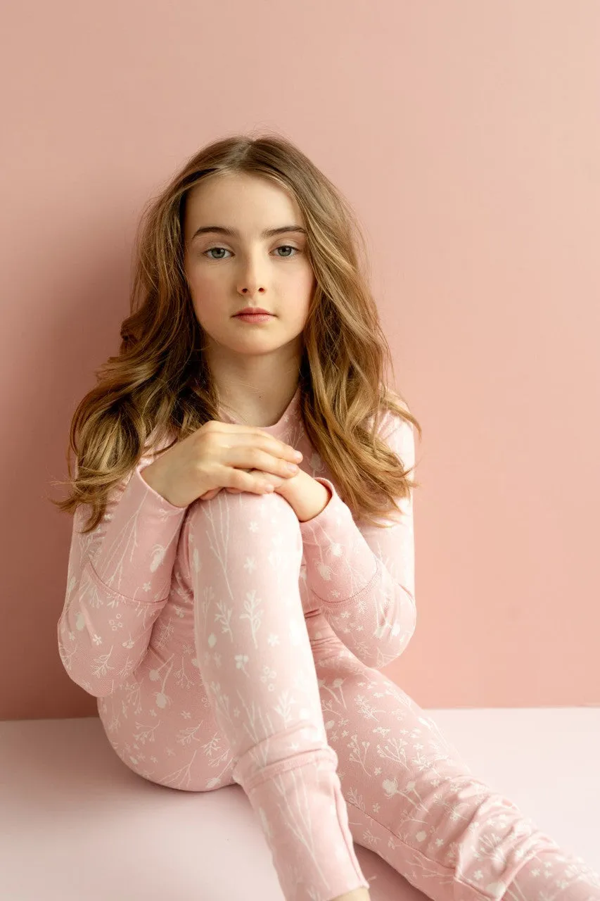 Coccoli Girls Long Sleeve Cotton-Modal Pajama Set - Plants on Pink