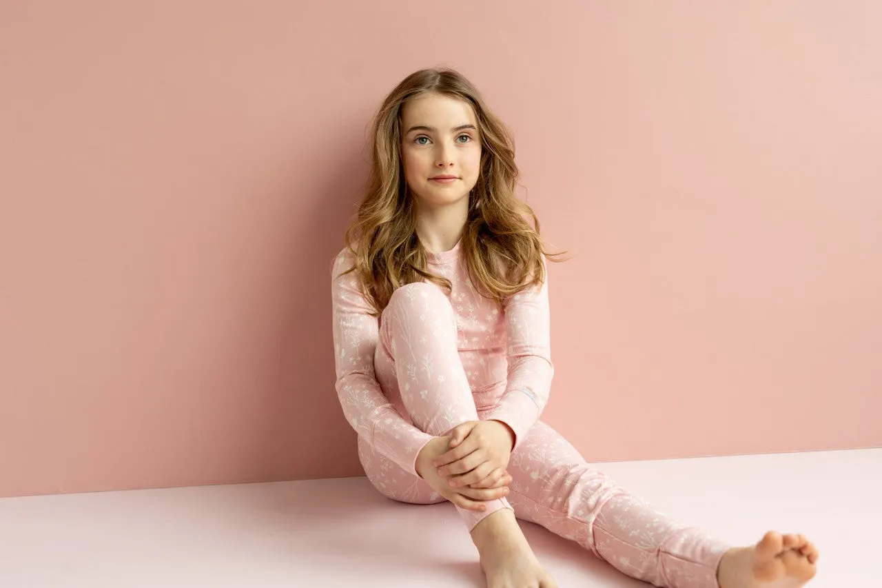 Coccoli Girls Long Sleeve Cotton-Modal Pajama Set - Plants on Pink