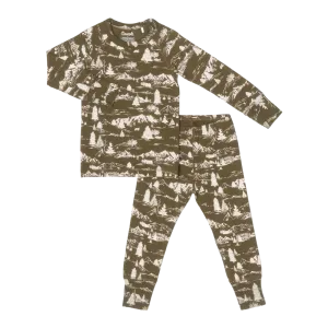 Coccoli Long Sleeve Cotton-Modal Pajama Set - Mountains on Dark Green