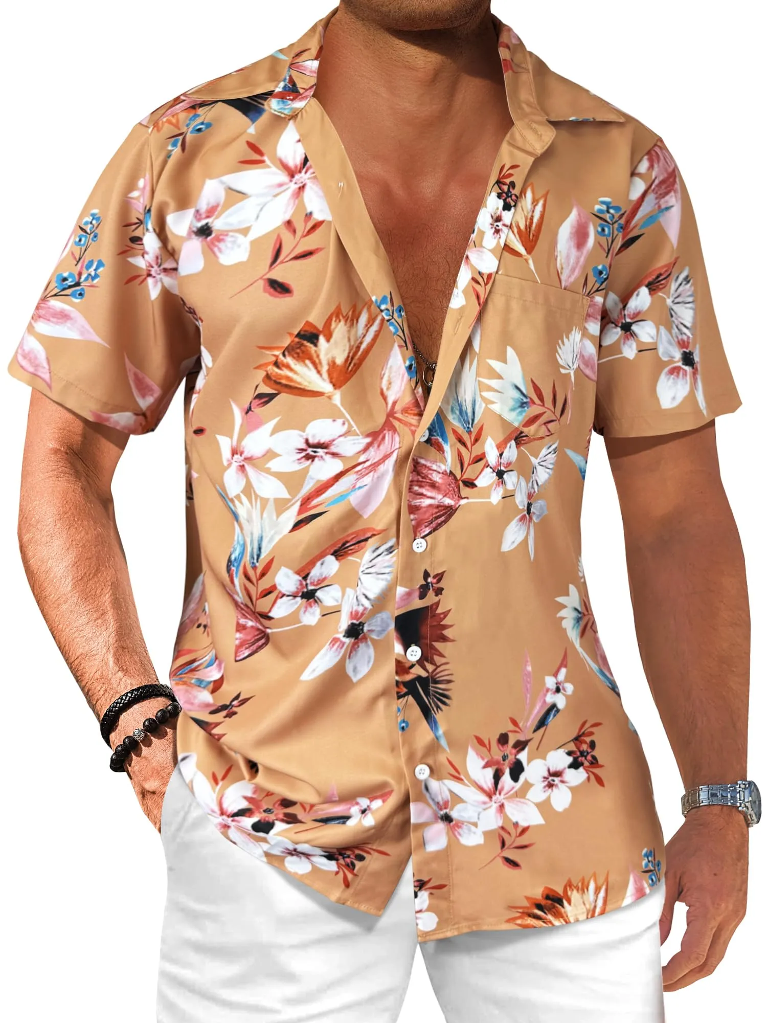 Comdecevis Men's Hawaiian Floral Shirts Short Sleeve Button Down Tropical Summer Beach Shirts