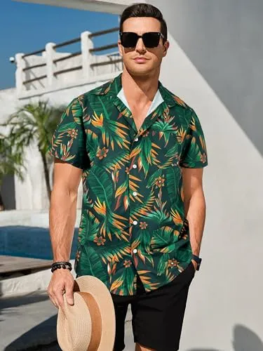 Comdecevis Men's Hawaiian Floral Shirts Short Sleeve Button Down Tropical Summer Beach Shirts