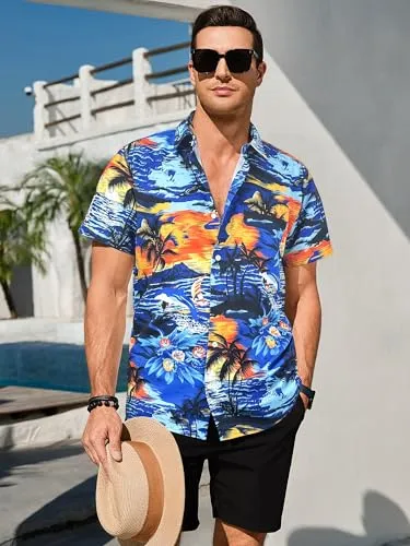 Comdecevis Men's Hawaiian Floral Shirts Short Sleeve Button Down Tropical Summer Beach Shirts