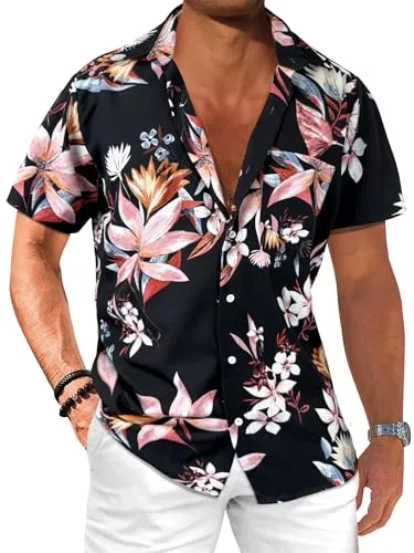 Comdecevis Men's Hawaiian Floral Shirts Short Sleeve Button Down Tropical Summer Beach Shirts