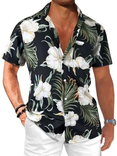 Comdecevis Men's Hawaiian Floral Shirts Short Sleeve Button Down Tropical Summer Beach Shirts