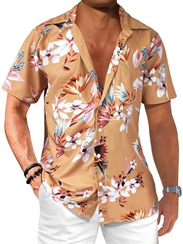 Comdecevis Men's Hawaiian Floral Shirts Short Sleeve Button Down Tropical Summer Beach Shirts