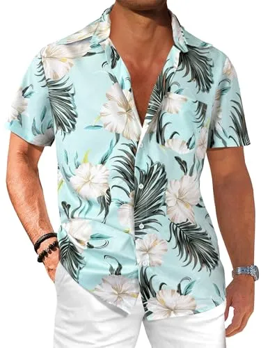 Comdecevis Men's Hawaiian Floral Shirts Short Sleeve Button Down Tropical Summer Beach Shirts