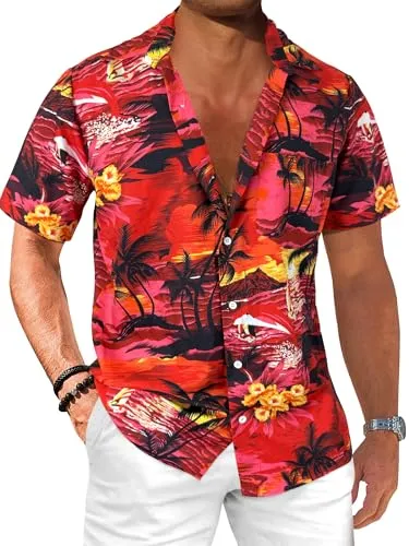 Comdecevis Men's Hawaiian Floral Shirts Short Sleeve Button Down Tropical Summer Beach Shirts