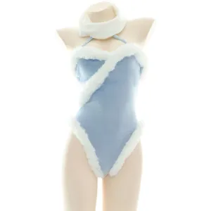 Cute Sexy Blue Plush Halter Lingerie Bodysuit UB6171