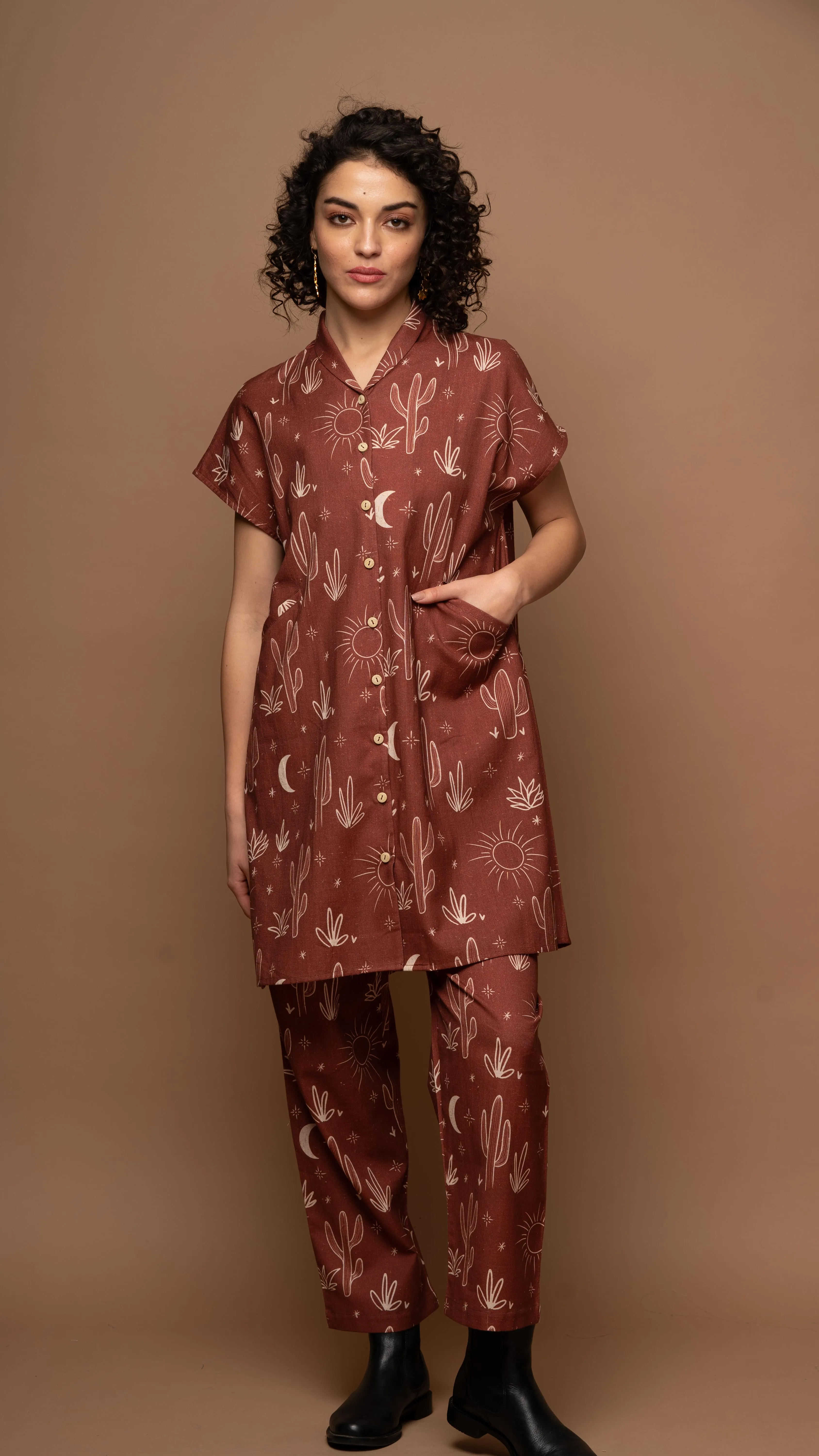 Deep Rust Whimsy Co-ord Pants Set in Siesta in the desert Pattern