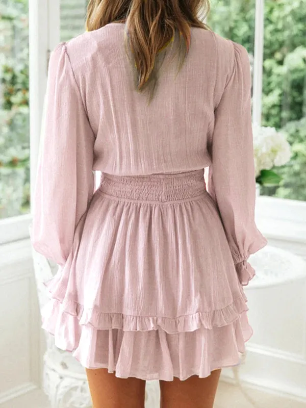Deep V-Neck Mini Dress with Knot Front and Ruffle Hem