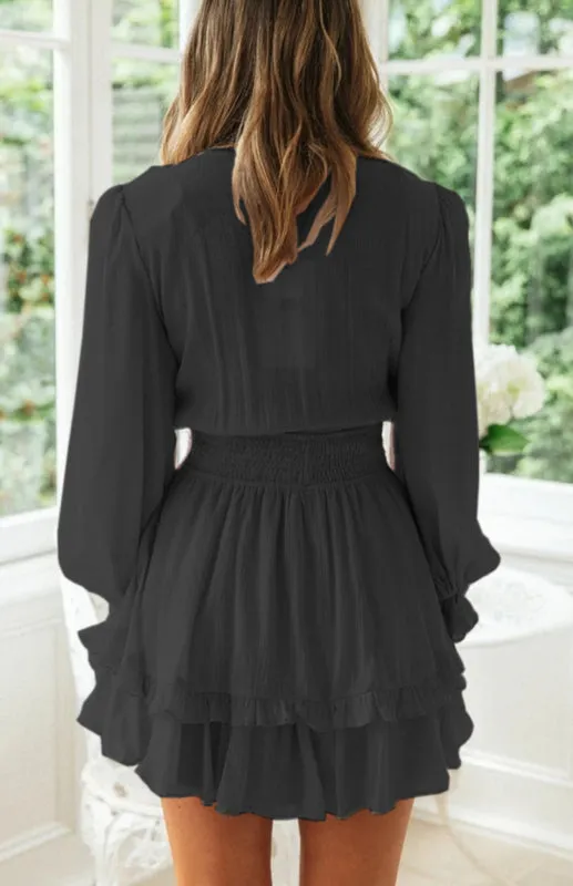 Deep V-Neck Mini Dress with Knot Front and Ruffle Hem