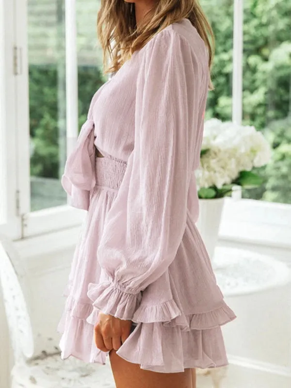 Deep V-Neck Mini Dress with Knot Front and Ruffle Hem