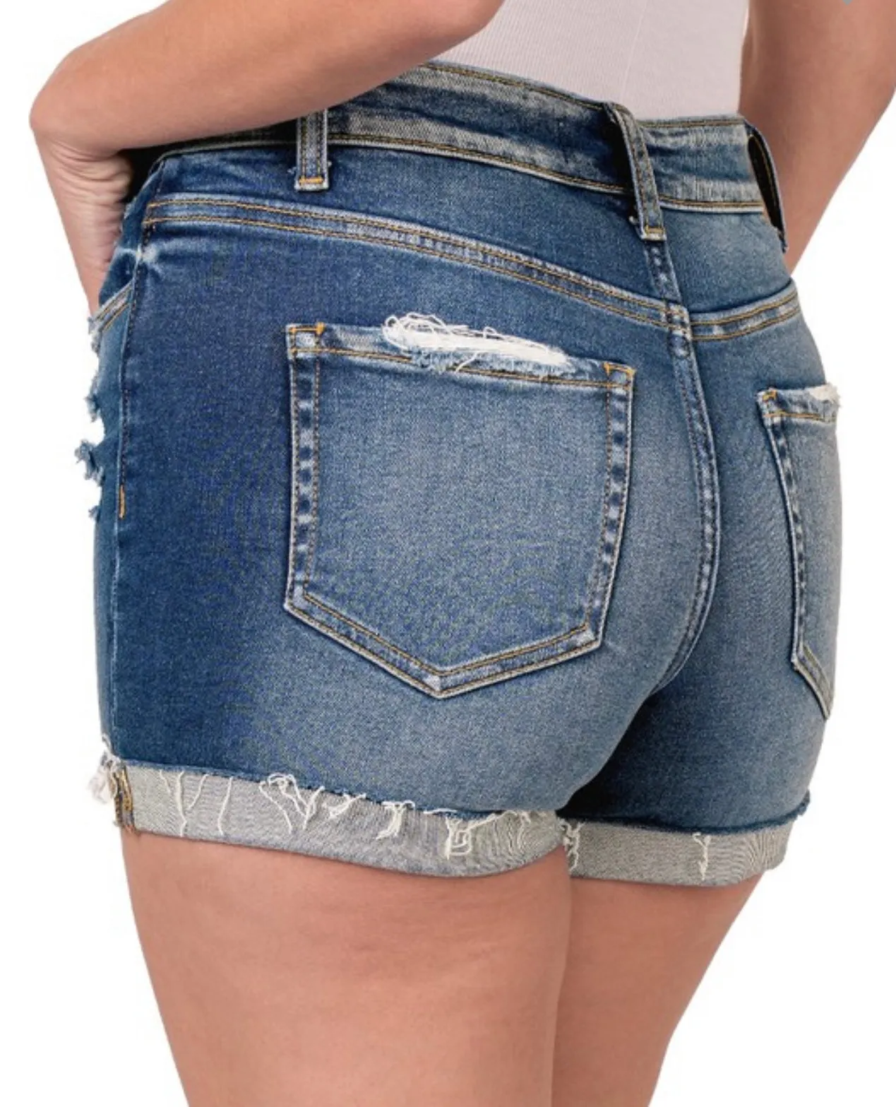 Distressed Cuffed Raw Hem Denim Shorts