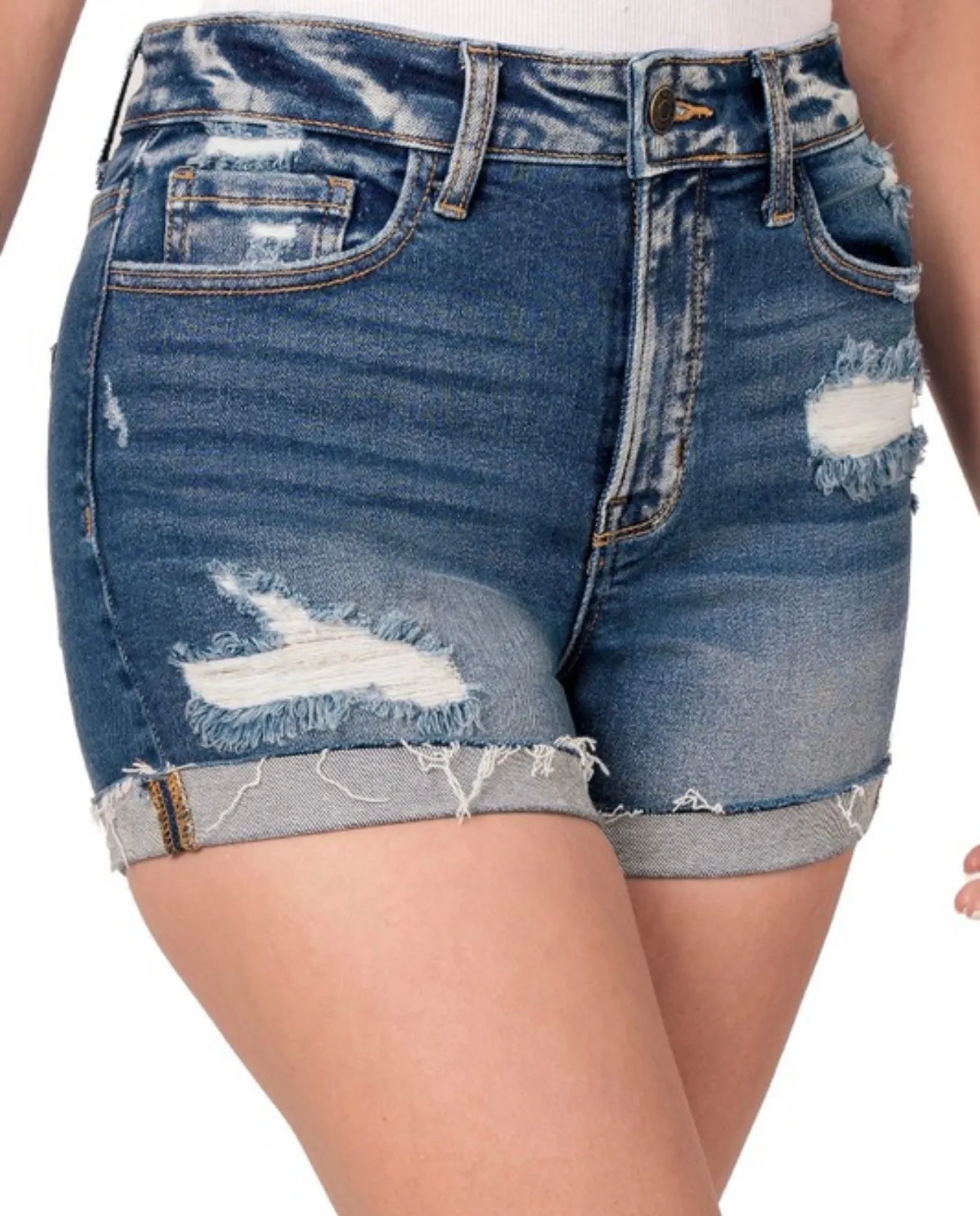 Distressed Cuffed Raw Hem Denim Shorts