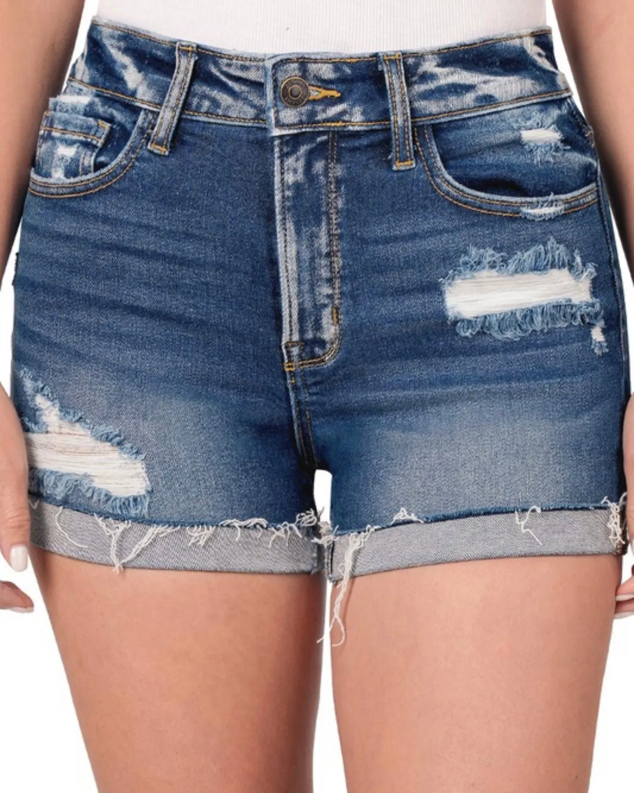 Distressed Cuffed Raw Hem Denim Shorts