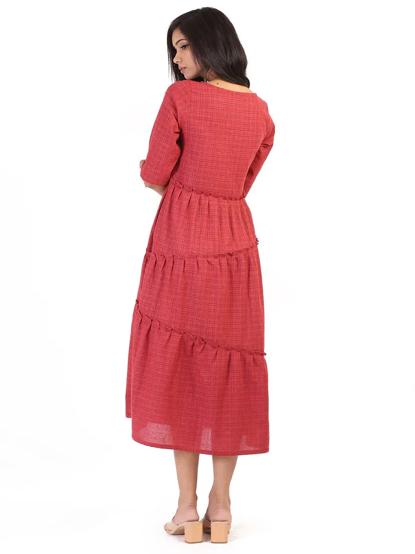 Dull Red Checkered Tiered Dress