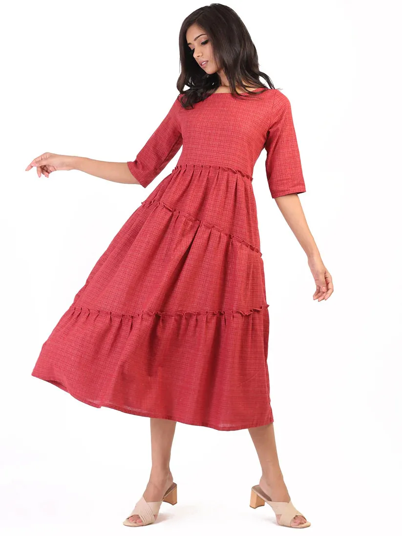 Dull Red Checkered Tiered Dress