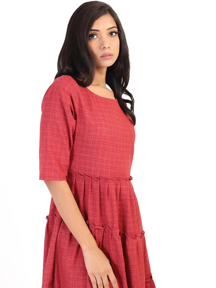 Dull Red Checkered Tiered Dress