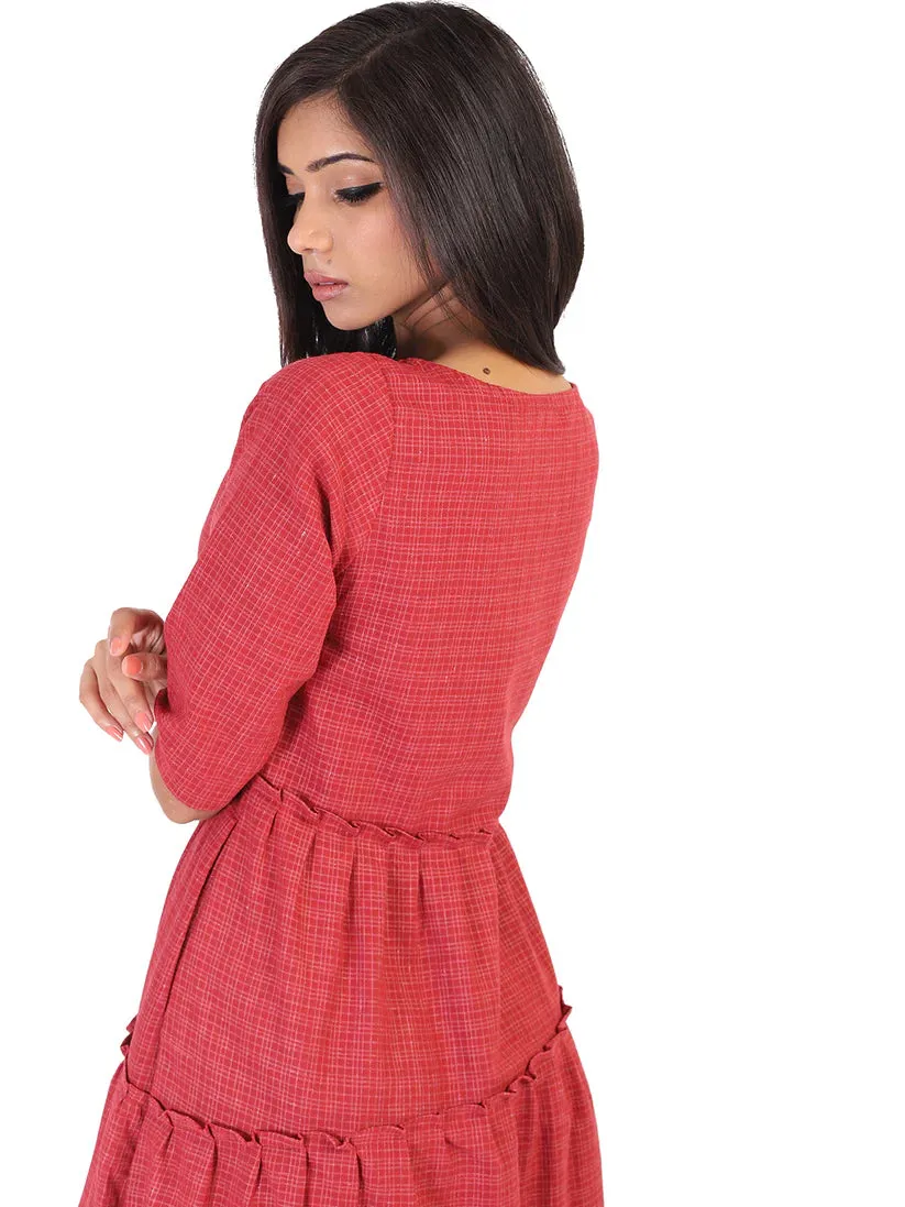 Dull Red Checkered Tiered Dress