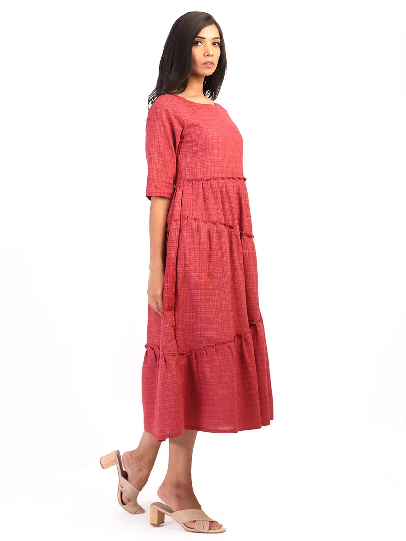 Dull Red Checkered Tiered Dress