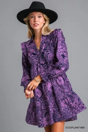 Eggplant Mix Paisley Print L/S Tiered Dress