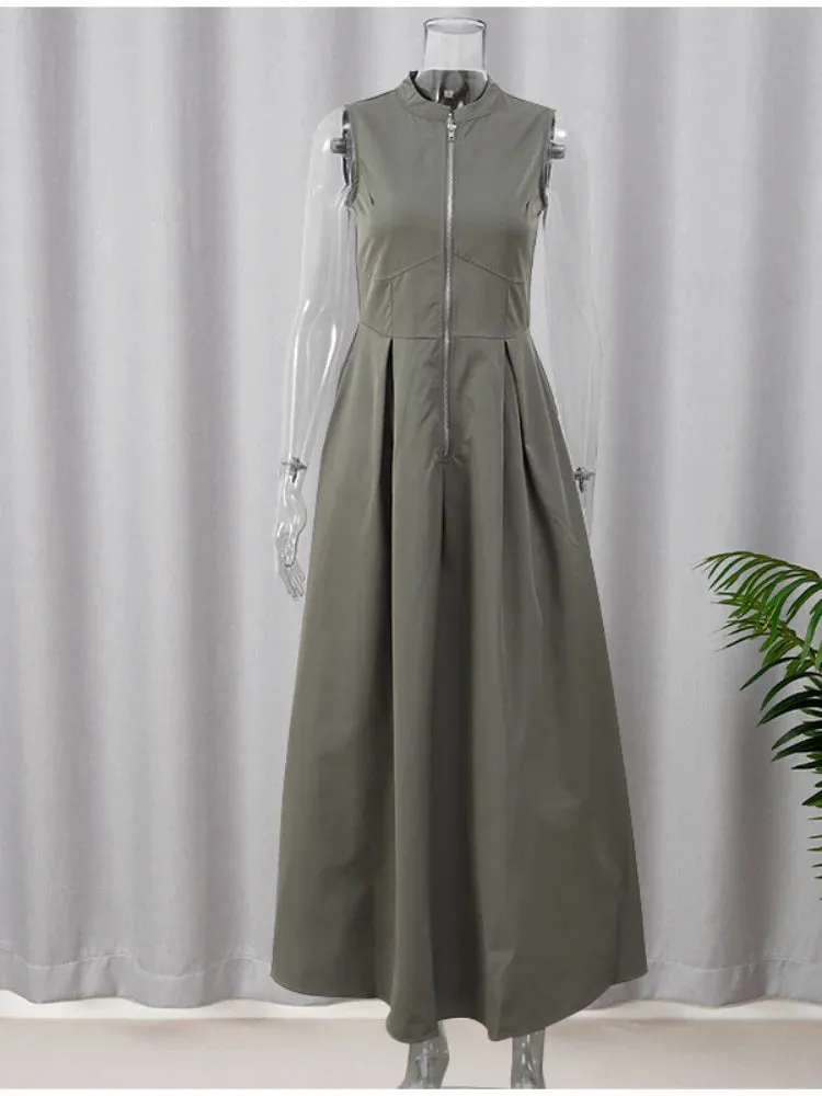 Elegant Solid O-neck Sleeveless Long Dress