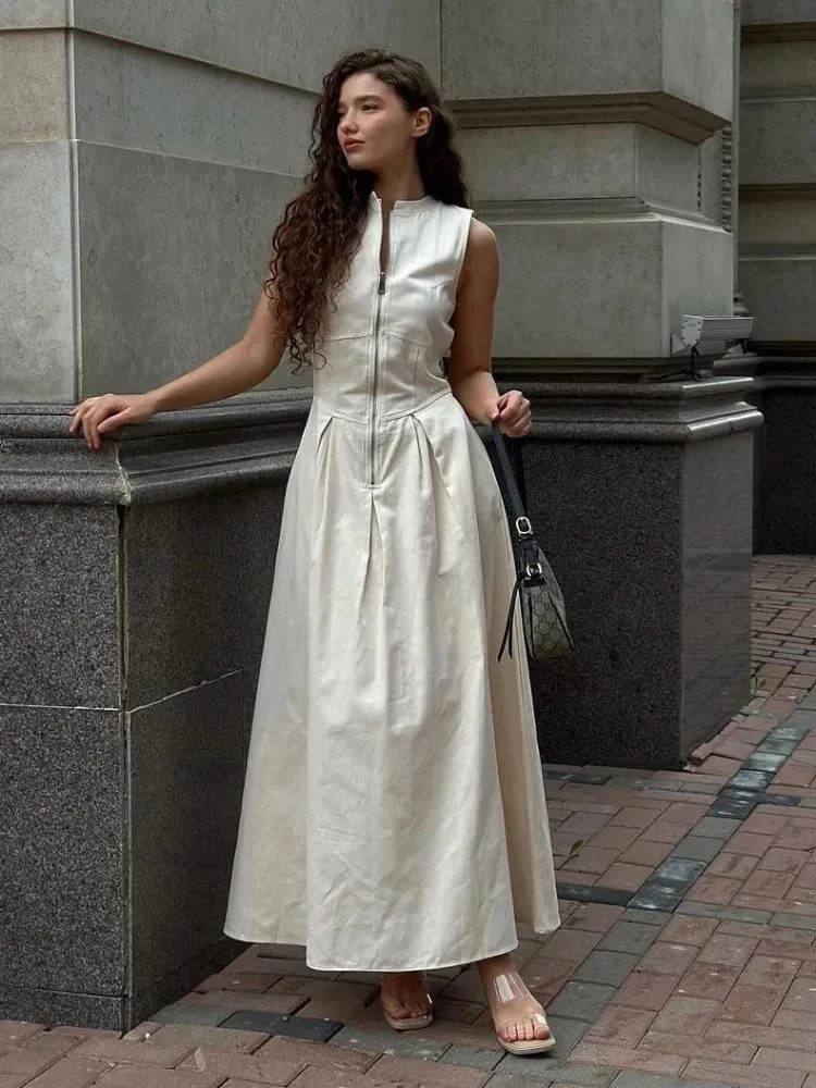 Elegant Solid O-neck Sleeveless Long Dress