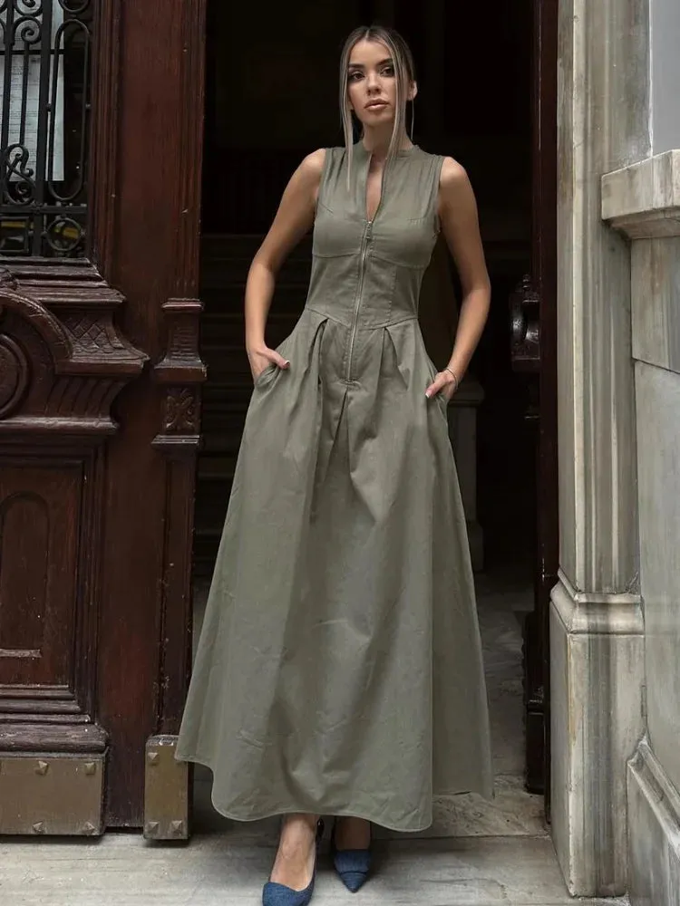Elegant Solid O-neck Sleeveless Long Dress