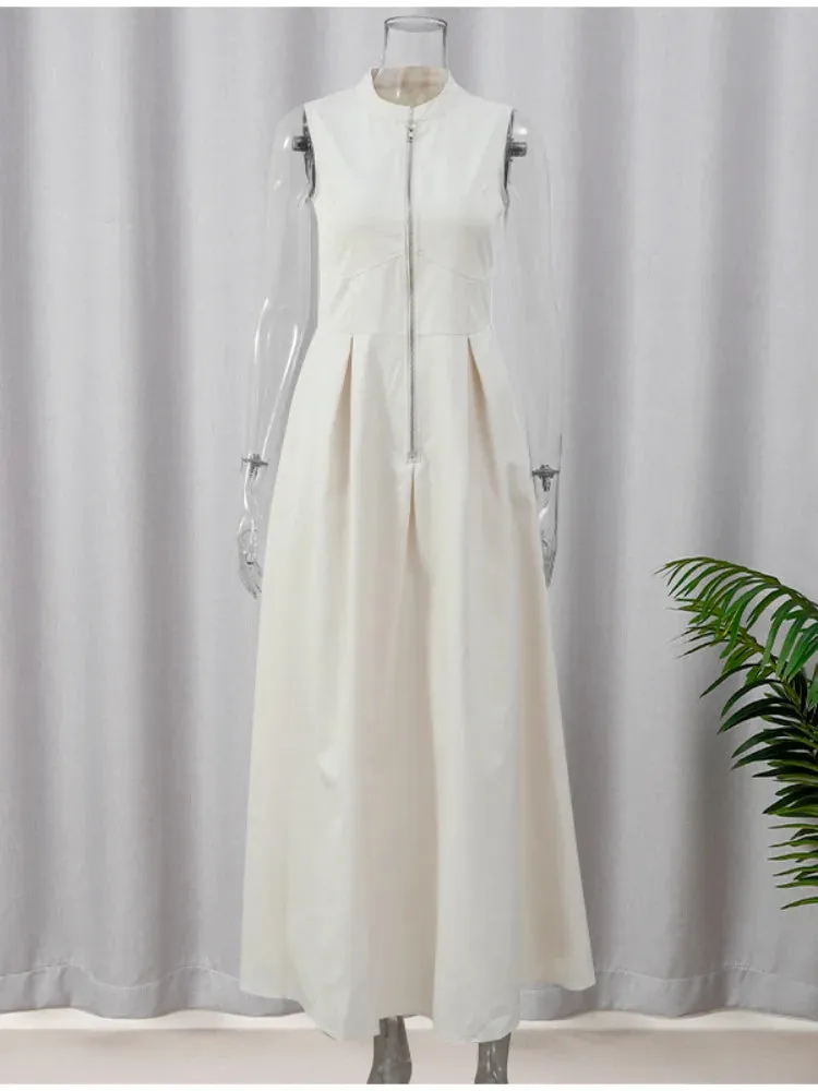 Elegant Solid O-neck Sleeveless Long Dress