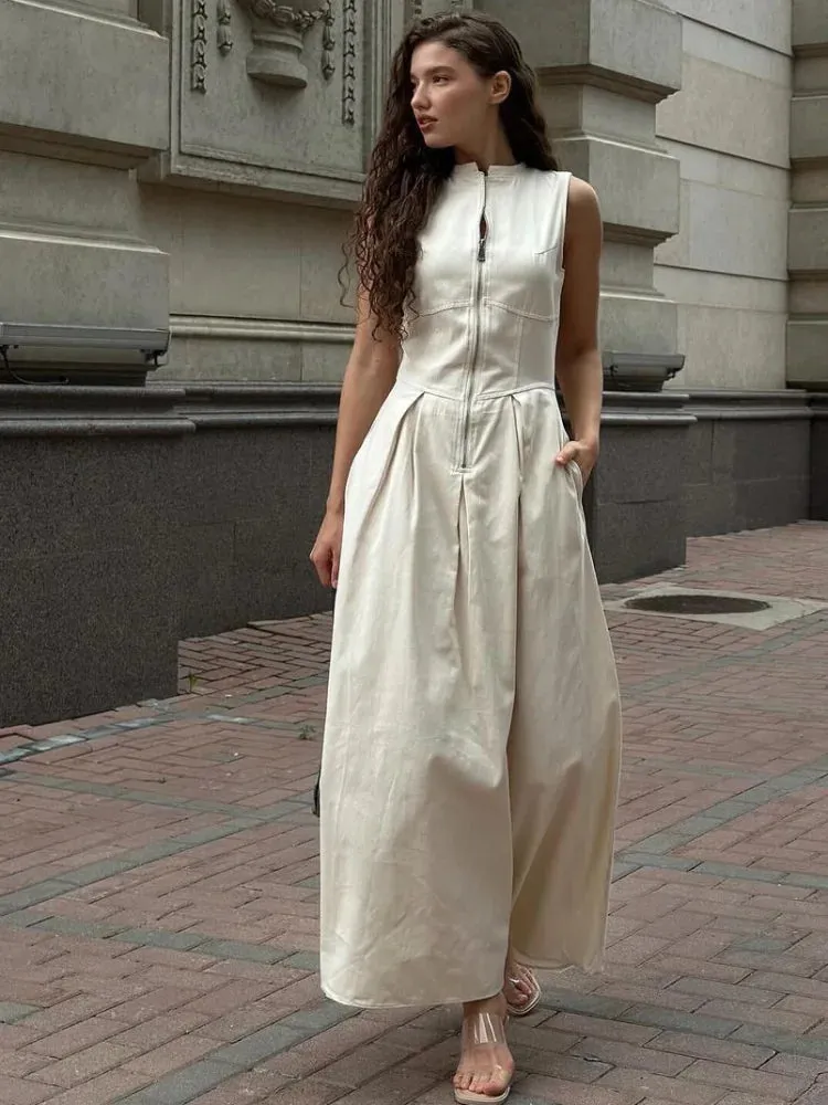 Elegant Solid O-neck Sleeveless Long Dress