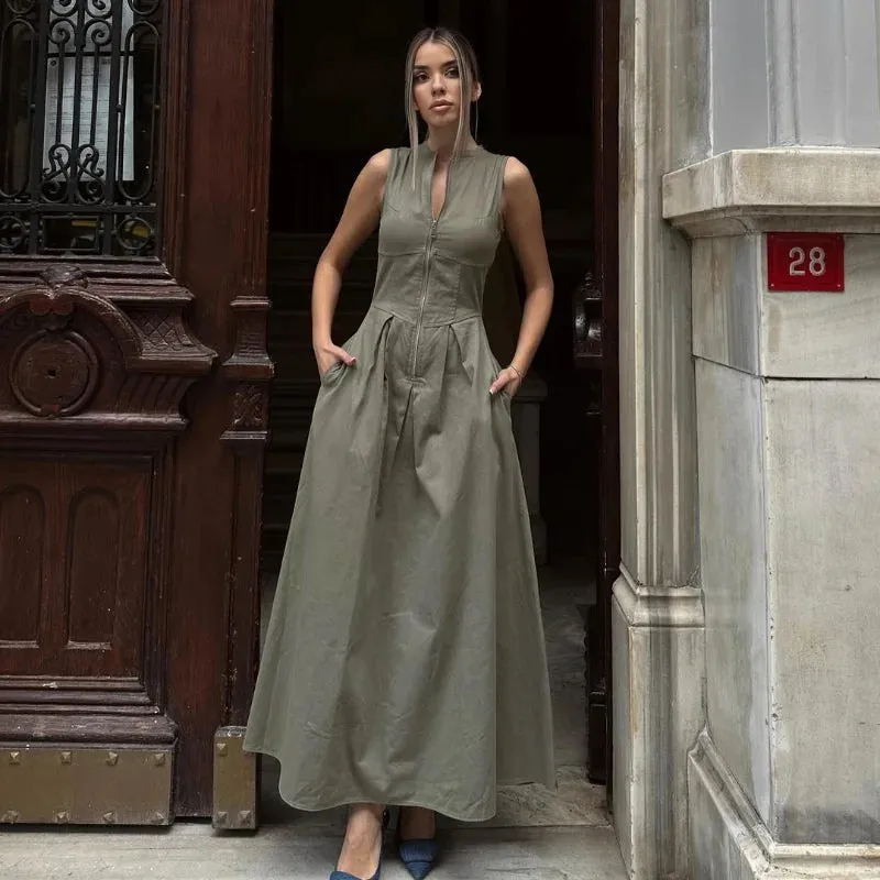 Elegant Solid O-neck Sleeveless Long Dress