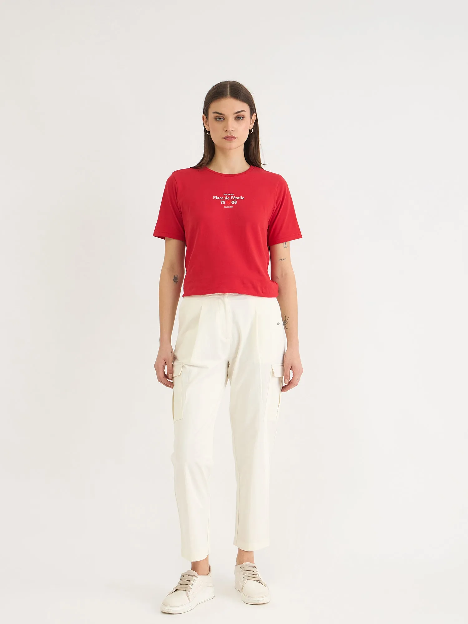 Elle Women White Tapered Fit Solid Cargo Trouser